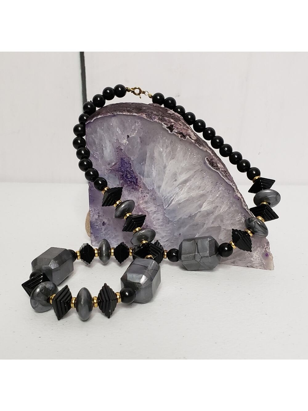 Fashion Jewelry Ebony Mix Geometric Bead Statement Necklace